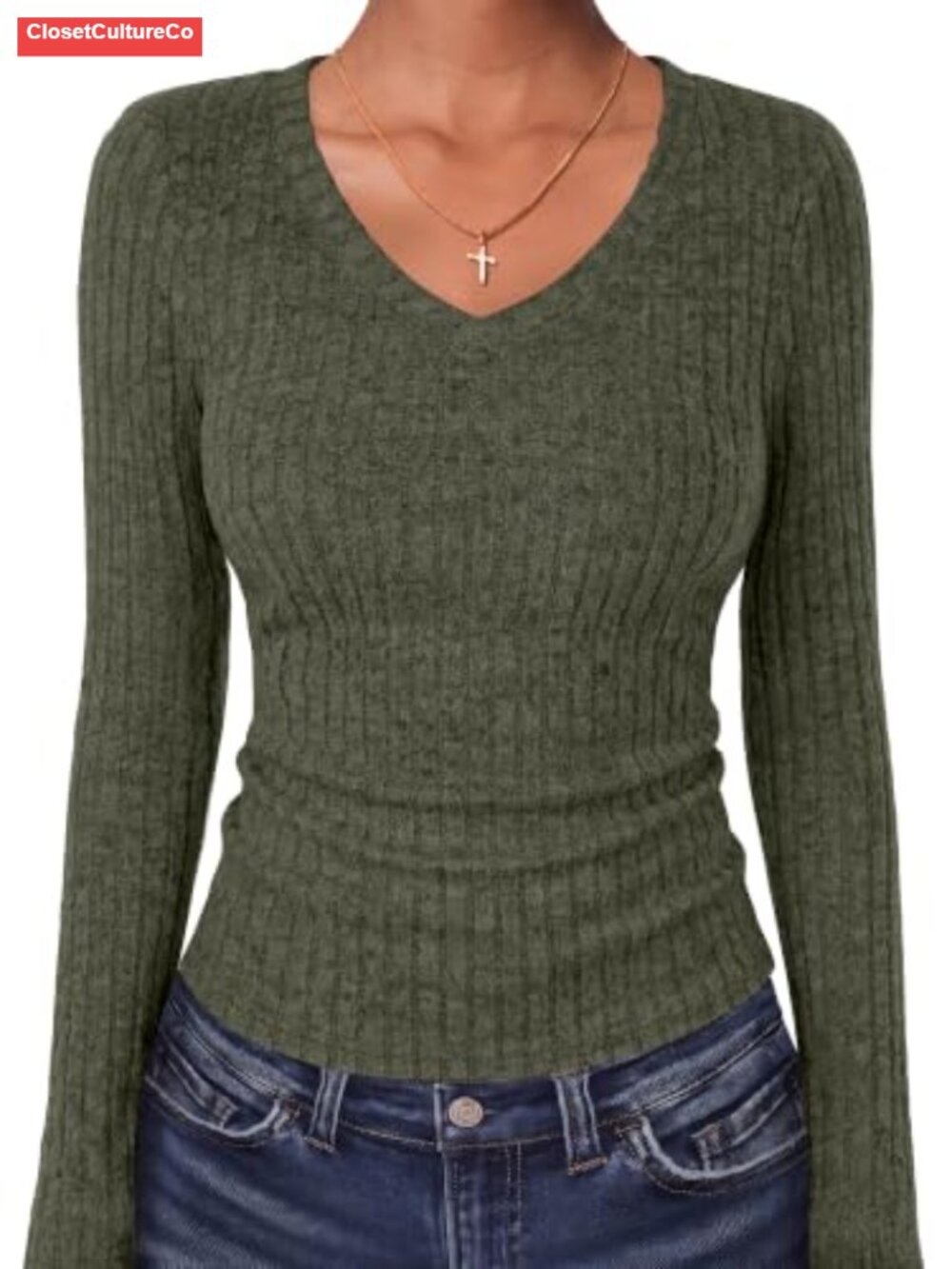 Women's Ribbed Knit Slim Fit V-Neck Long Sleeve Pullover Sweater